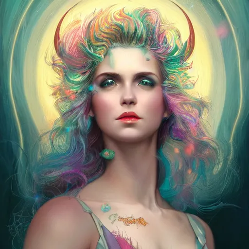 Image similar to demon goddess with rainbow windswept hair portrait surrounded by crystals, hyper - detailed, cgsociety, 8 k, high resolution, in the style of charlie bowater, tom bagshaw, norman rockwell, gerald brom, adam hugh