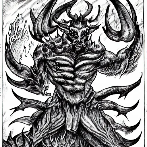 Prompt: detailed horned demon in heroic pose, engulfed in flames, greyscale ink drawing