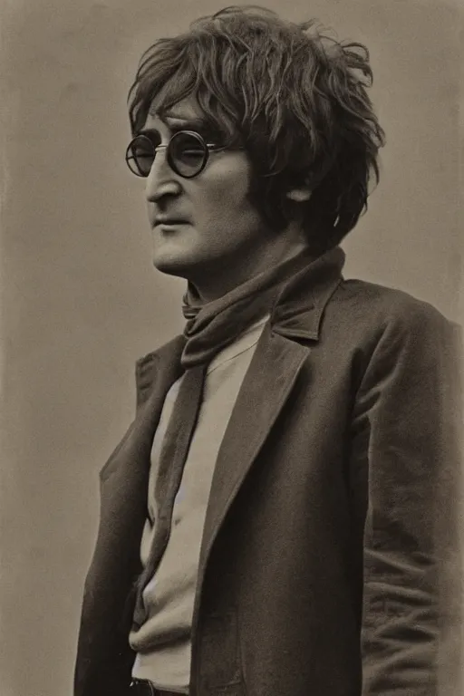 Image similar to john lennon, full body, symmetrical features, silver iodide, 1 8 8 0 photograph, sepia tone, aged paper, sergio leone, master prime lenses, cinematic