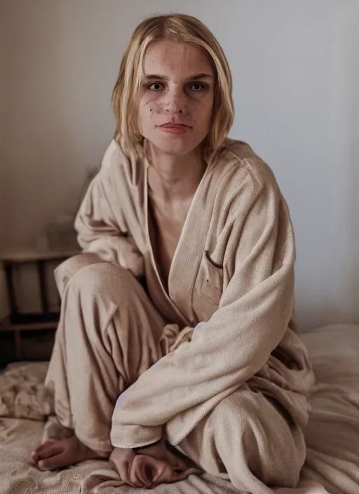 Prompt: homely but adorable blonde woman, underweight, deep scars across left cheek, wearyworn but optimistic expression, wearing beige pajamas and robes