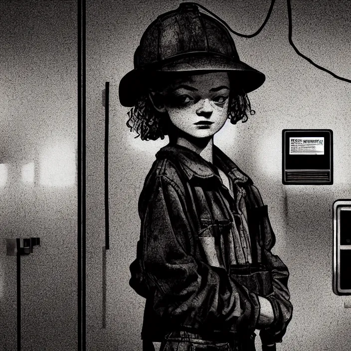 Image similar to sadie sink as a coal miner : inserts a card into a slot. inside a minimalist dirty automated kiosk. bright tasty food options displayed on a wall. black tiles on walls. a seat and table. black and white, pencil and ink. by gabriel hardman, joe alves, chris bonura. cinematic atmosphere, detailed and intricate, perfect anatomy