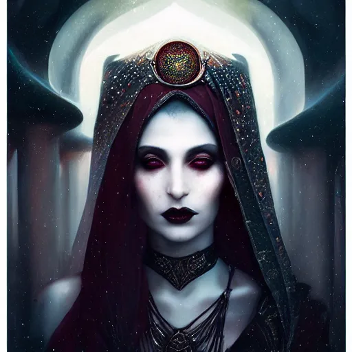 Image similar to Portrait of a riveting Arabic vampire woman!, atmospheric lighting, gothic makeup, intricate, oasis!, volumetric lighting, beautiful, starlit sky, sharp focus, ultra-detailed, by Tom Bagshaw Leesha Hannigan, Ross Tran, Thierry Doizon, Kai Carpenter, Ignacio Fernández Ríos