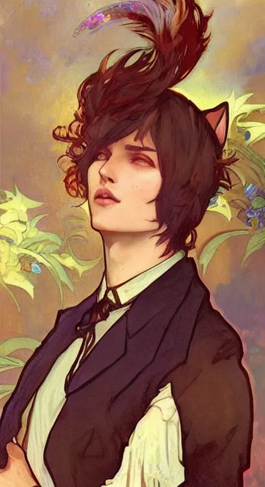 Image similar to Pretty fantasy catboy in his twenties wearing fancy clothes. Beautiful digital art by Greg Rutkowski and Alphonse Mucha. Cat ears