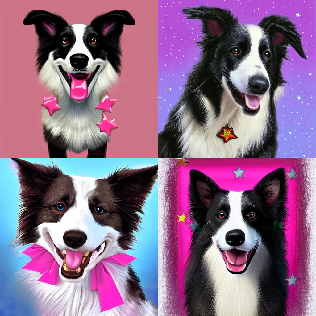 Prompt: a smiling border collie dog with a pink star on its collar, fantasy book cover, digital painting, highly detailed render