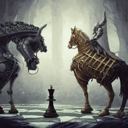 Image similar to two chess pieces fighting, the knight and the bishop on a wood chess board , fantasy art, in the style of greg rutkowski, illustration, epic, fantasy, intricate, hyper detailed, artstation, concept art, smooth, sharp focus, ray tracing