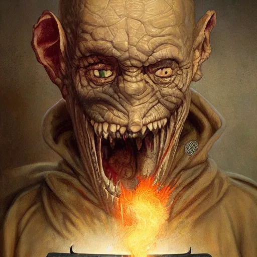 Image similar to grinning hellpunk the thieving Goblin wearing a grubby brown hoodie sweater whilst pointing a dagger at you chris cold marc simonetti ross tran greg rutkowski dan witz john currin vik muniz robert gober oil painting