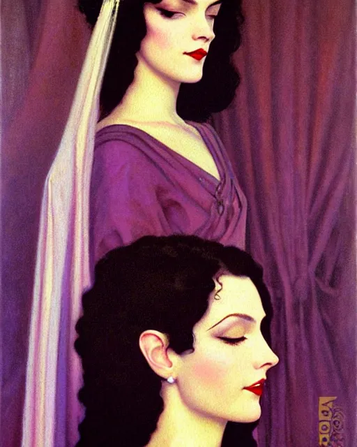 Prompt: a oil painting of a pale skin dark hair curls queen at a royal funeral, veil, dress, cinematic, crown, by bruce pennington by armstrong wolf, by hans emmenegger by nicholas roerich, art nouveau, pale tone, airbrush, drapery, curtain, dawn