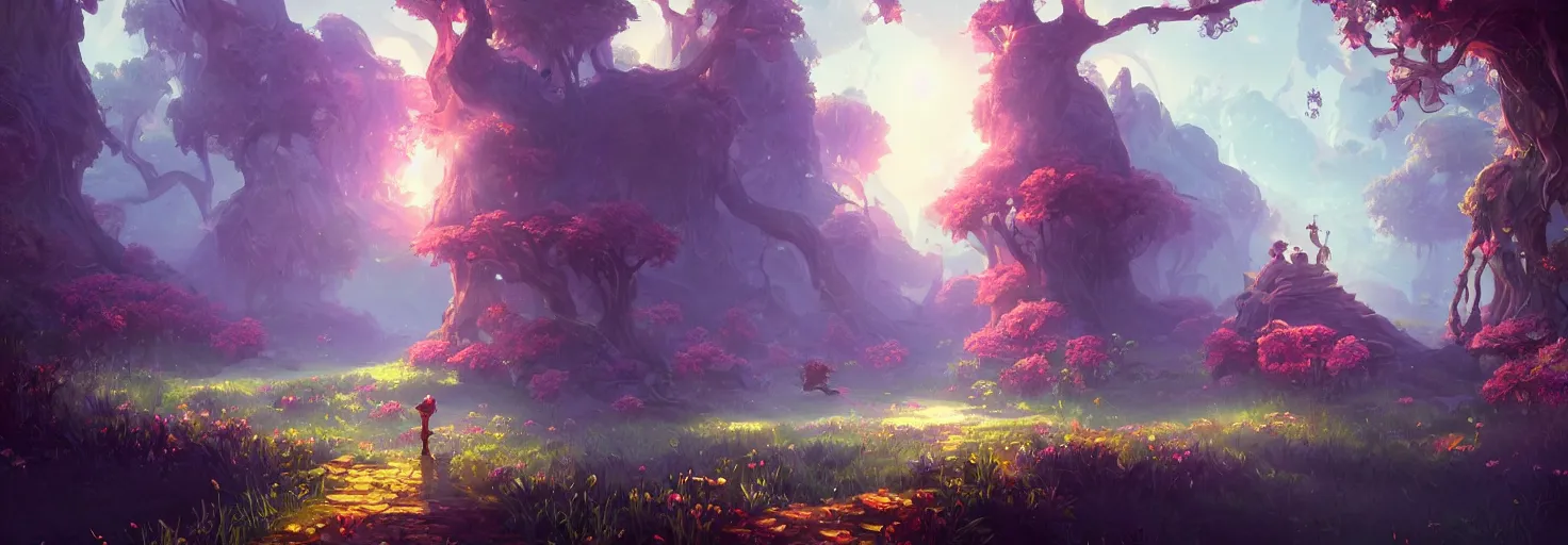 Prompt: A realm of whispers and mysteries, intricate, elegant, fantasy, highly detailed, digital painting, concept art, sharp focus, illustration, beautiful volumetric lighting, epic light, artstation, magic hour lighting, colorful, sunshine, springtime, by Sylvain Sarrailh, ine style of ori game