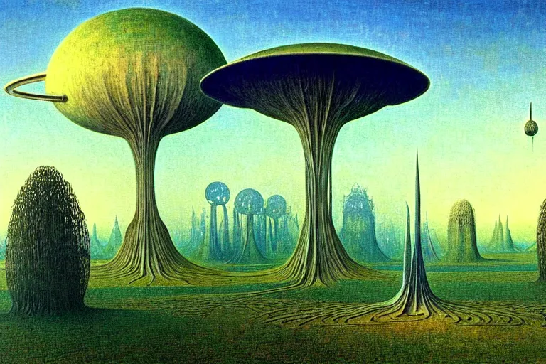 Prompt: realistic detailed landscape painting a single house in a plain field, single ufo in the sky, futuristic sci-fi forest on background by Jean Delville, Amano, Yves Tanguy, Alphonse Mucha, Ernst Haeckel, Edward Robert Hughes, Roger Dean, rich moody colours, blue eyes