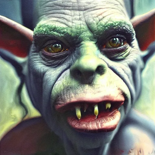 Prompt: a painting of a goblin orc taken by sally mann, portrait, foggy, hazy, dull colors, detailed, bleak,