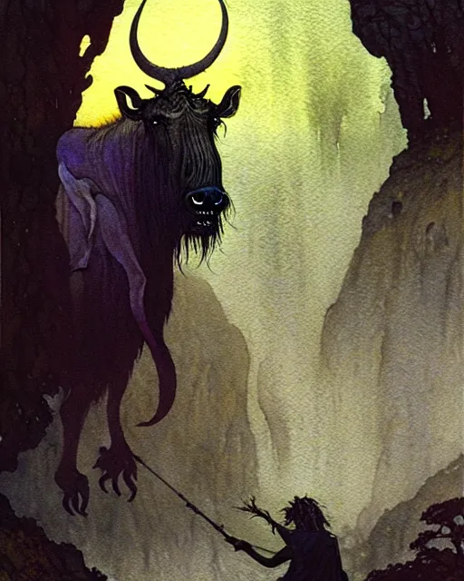 Image similar to a realistic and atmospheric watercolour fantasy character concept art portrait of a 4 0 ft. tall lovecraftian wildebeest emerging from the mist on the moors of ireland at night. by rebecca guay, michael kaluta, charles vess and jean moebius giraud