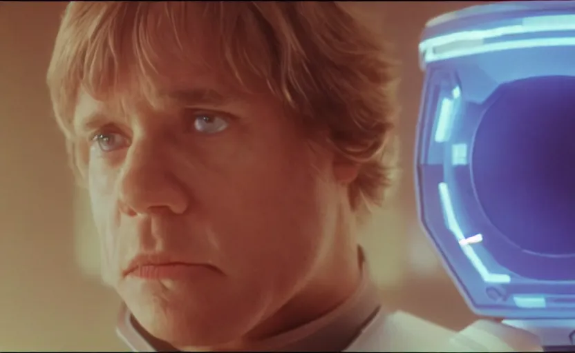 Prompt: cinematic still image screenshot portrait luke skywalker looking looking at his cybernetic hand, while he is talking to a lonely medical droid, from the tv show on disney + anamorphic lens, photo 3 5 mm film kodak from empire strikes back crisp 4 k imax, beautiful image, window into space behind them