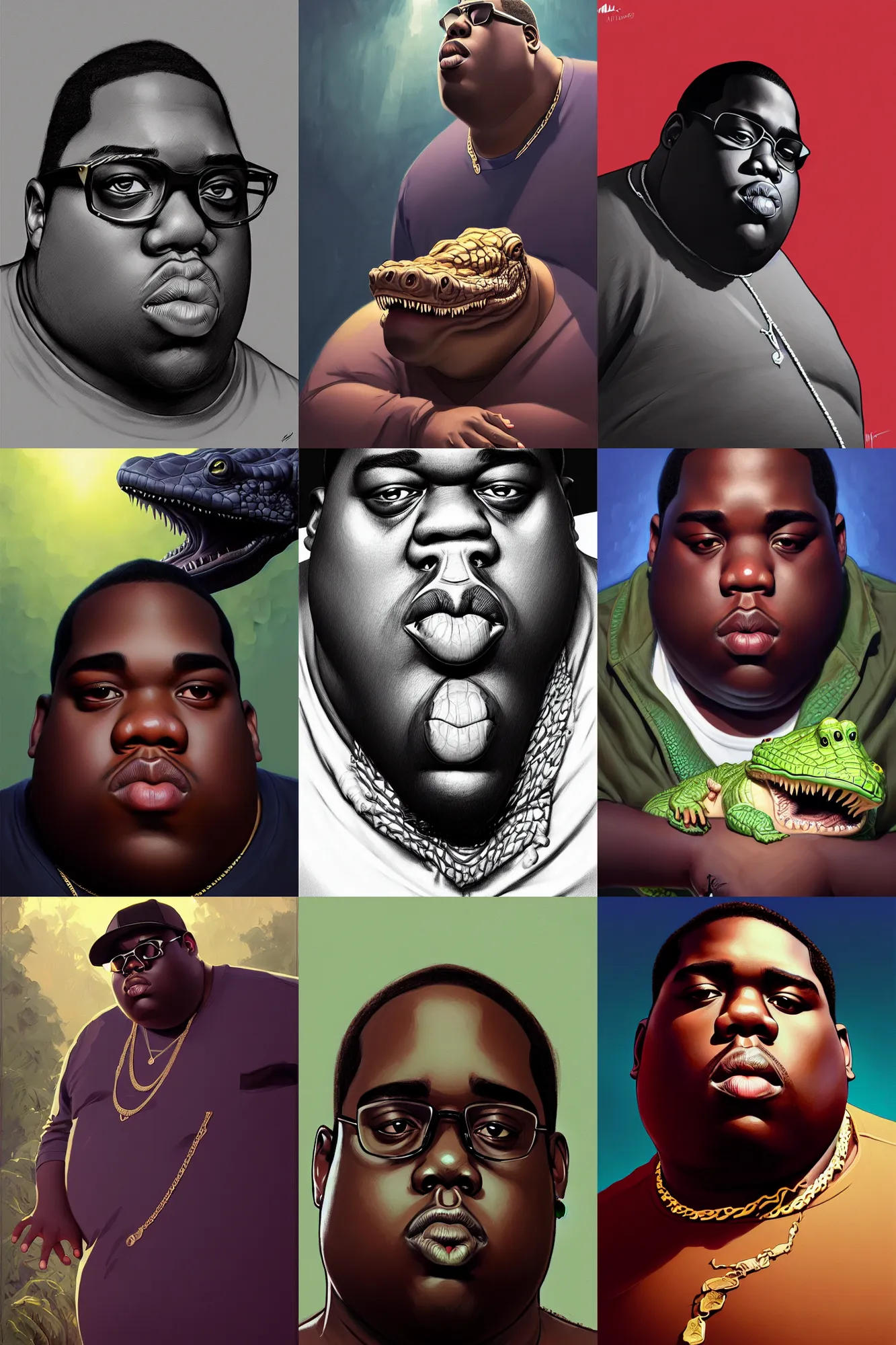 Prompt: the notorious b. i. g. as a crocodile, animation pixar style, shaded lighting poster by magali villeneuve, artgerm, jeremy lipkin and michael garmash, rob rey and kentaro miura style, trending on art station
