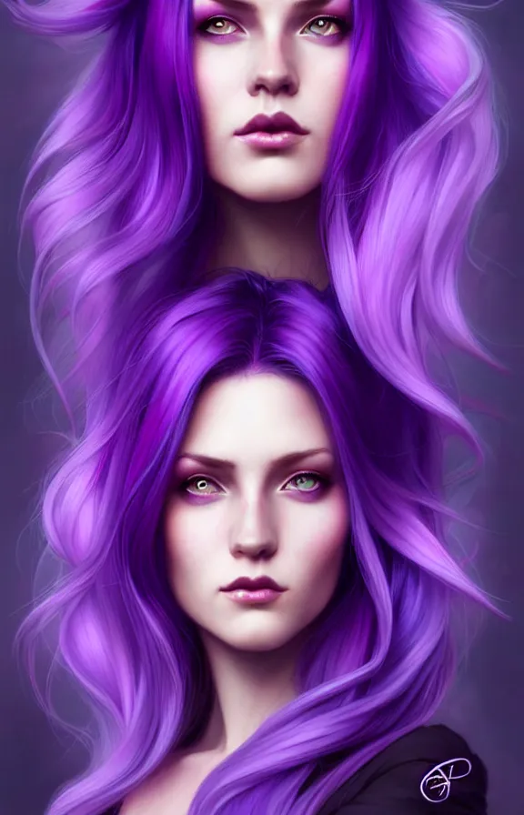 Image similar to Purple hair relistic Portrait of a woman with bright colored flying hair, all shades of purple. Hair coloring, long hair, blue eyes, fantasy, intricate, elegant, highly detailed, digital painting, artstation, concept art, smooth, sharp focus, illustration, art by artgerm and greg rutkowski and alphonse mucha