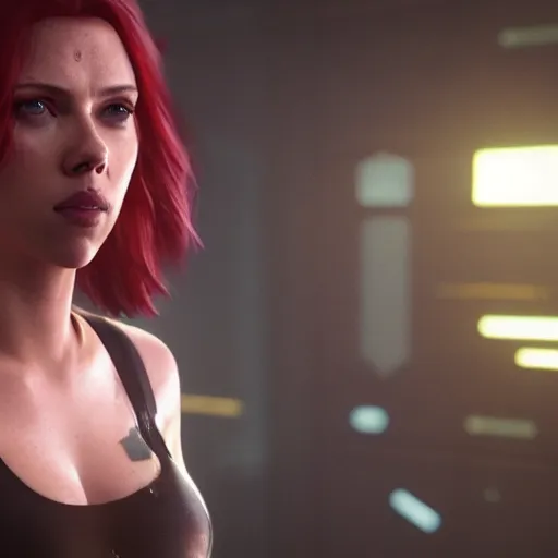 Image similar to scarlett johansson after a bad mission in Cyberpunk 2077. CP2077. 3840 x 2160