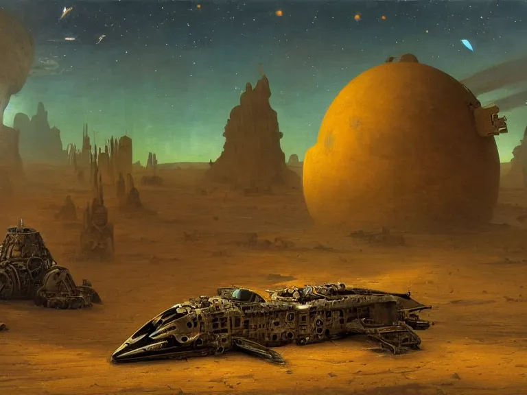 Image similar to an oil painting of an ancient dieselpunk spacecraft in the middle of an alien desert at dusk, aurora and stars light up the sky by beksinski carl spitzweg and tuomas korpi. baroque elements, full-length view. baroque element. intricate artwork by caravaggio. Trending on artstation. 8k