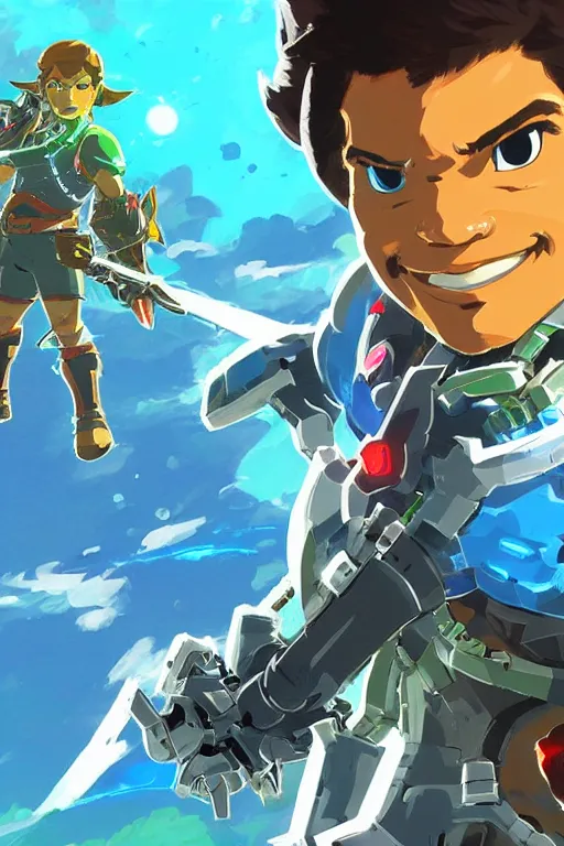 Image similar to an in game portrait of mecha reggie fils aime from the legend of zelda breath of the wild, breath of the wild art style.