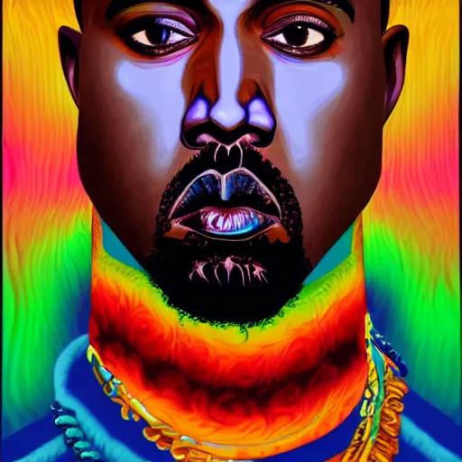 Image similar to an extremely psychedelic portrait of kanye west, surreal, lsd, face, detailed, intricate, elegant, lithe, highly detailed, digital painting, artstation, concept art, smooth, sharp focus, illustration,