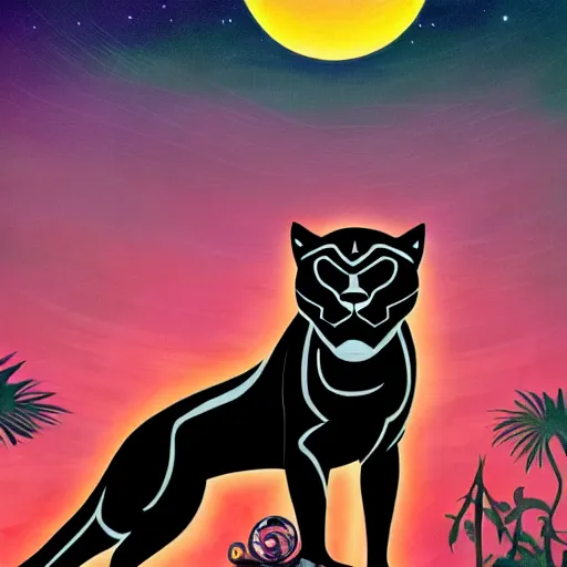 Image similar to artdeco illustration of one beautiful majestic black panther in style of egyptian god. bast. basket. ferocious. ornate. beautiful. mysterious. intricately detailed. meticulously rendered. background is a jungle. epic skym hd. trending on art station. h 7 6 8