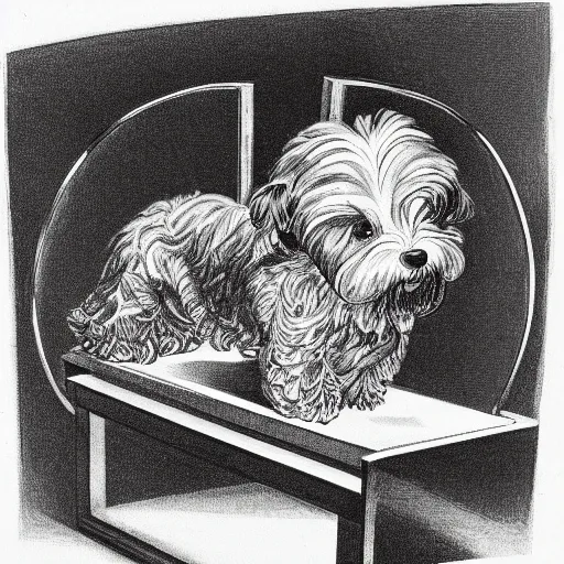 Image similar to self portrait of a havanese dog reflecting into a chrome sphere, 1 9 5 0 s desk and office in the background, pen on paper, by mc escher