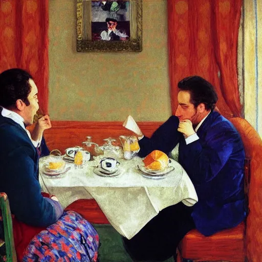 Image similar to seinfeld fancy tea party, george costanza, kramer, elaine, digital art, illustration, highly detailed, warm color scheme, soft lighting, sharp focus, gustave caillebotte, artemisia gentileschi