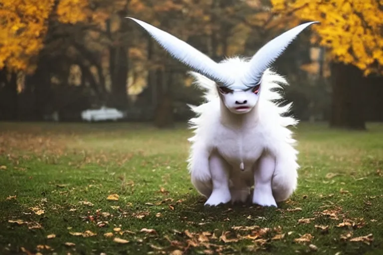 Image similar to real life absol pokemon, cute!!!, heroic!!!, adorable!!!, playful!!!, fluffly!!!, happy!!!, cheeky!!!, mischievous!!!, ultra realistic!!!, autumn, clear weather, ( golden hour ), sharp focus