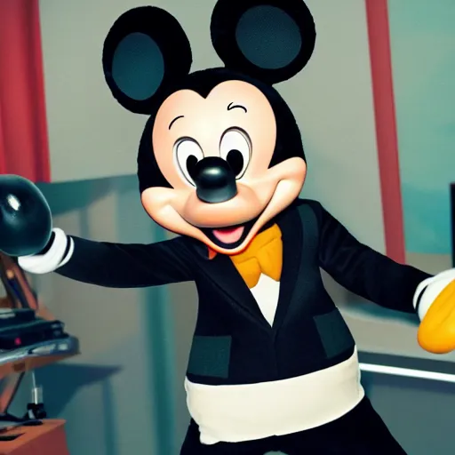 Prompt: photograph of Kendrick Lamar in the studio with Mickey mouse, 8k