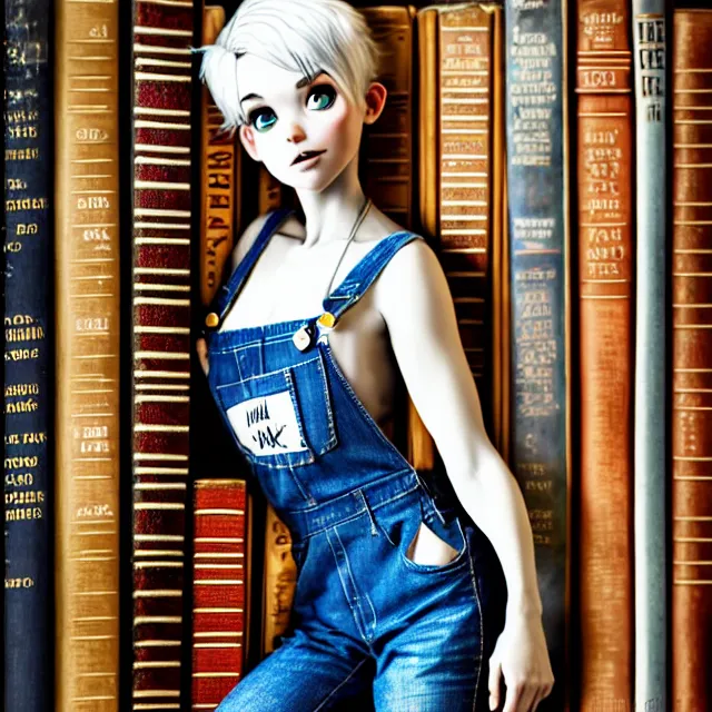 Prompt: full body pose, beautiful adult library fairy, pixar, short white hair shaved sides, dirty, grungy, grunge, long sleeve, painted overalls, stacks of giant books, highly detailed, 4 k, hdr, smooth, sharp focus, high resolution, award - winning photo, artgerm, photorealistic