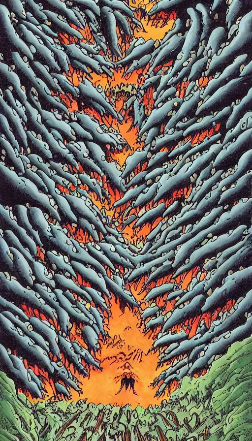 Image similar to a storm vortex made of many demonic eyes and teeth over a forest, by akira toriyama