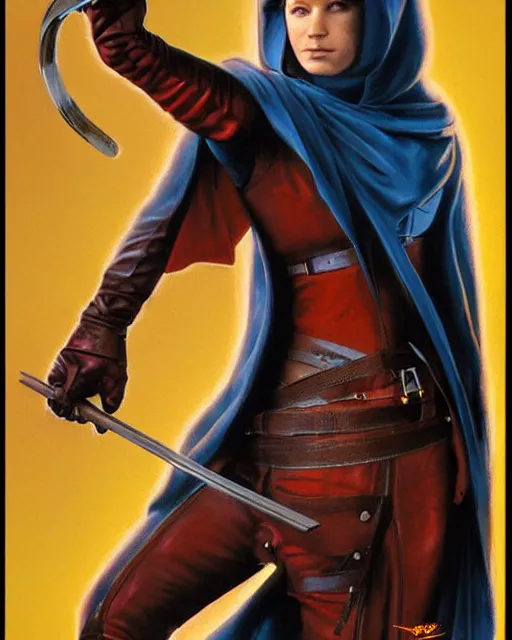 Image similar to hooded adventurer woman, airbrush, drew struzan illustration art, key art, movie poster