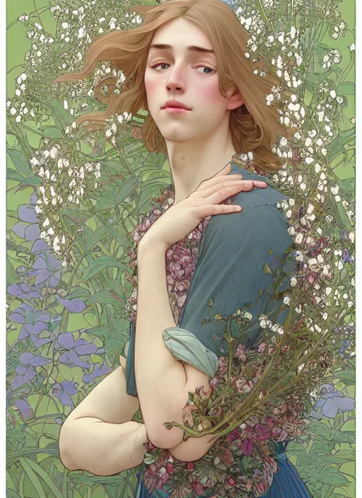 Image similar to pretty young man with shoulder length blond hair, half body shot, emotional, decorative flower patterned background, path traced, highly detailed, high quality, digital painting, by studio ghibli and alphonse mucha, leesha hannigan, hidari, disney, jules bastien - lepage, art nouveau, anna dittmann