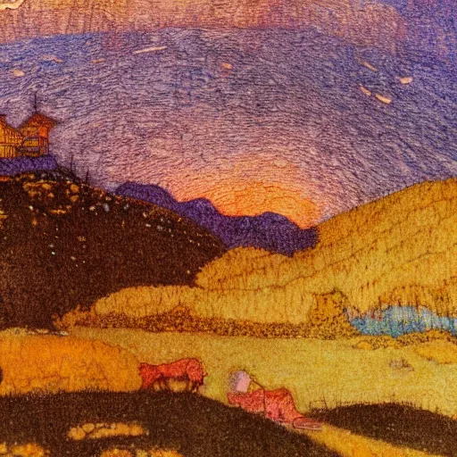 Image similar to a tilt-shift photograph of an Edmund Dulac and Ivan Bilibin inspired village scene and of a sunset and mountains. natural sunlight, golden hour. detailed, full color scheme