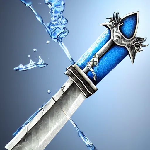 Image similar to a sword with its blade made of water and a silver handle with a blue gem on it, illustration, digital art, extremely detailed, realistic, trending on artstation