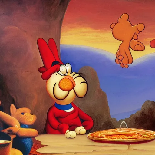 Image similar to creation of adam painting with garfield the cat and lasagna