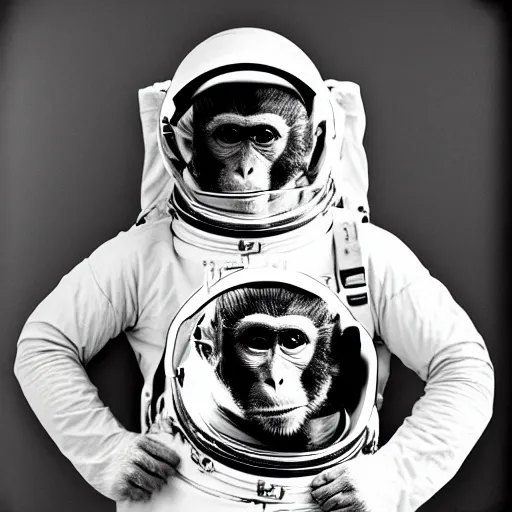 Image similar to Portrait of a monkey astronaut in the style of 1800s century photographs, 35mm film photography, Black and white