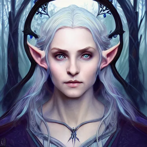 Prompt: Portrait of elvish female wizard, D&D, blue eyes, face, short silver hair, fantasy, intricate, elegant, highly detailed, digital painting, artstation, concept art, smooth, sharp focus, illustration, deep forest on background, art by artgerm and greg rutkowski and alphonse mucha