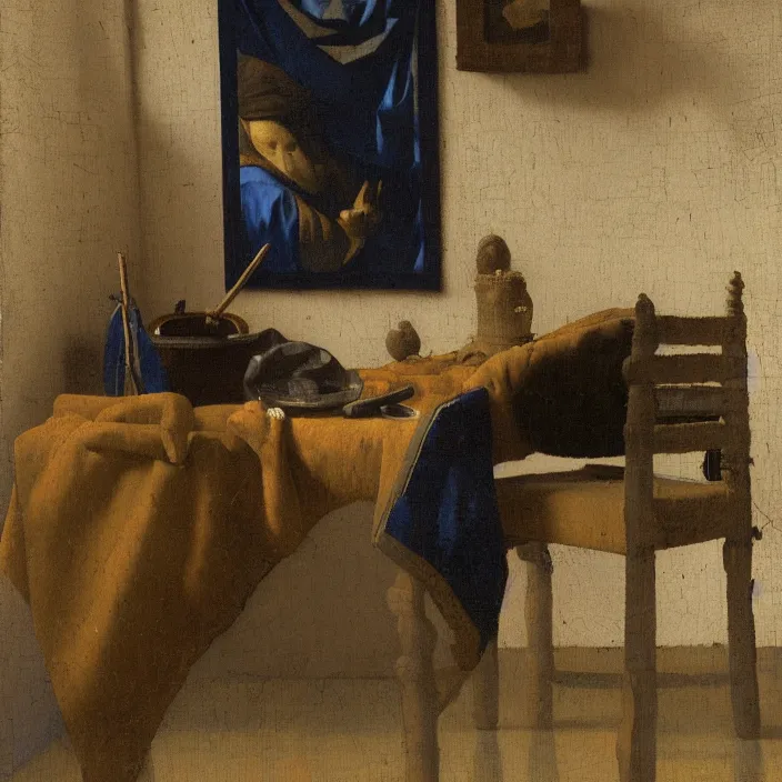 Prompt: johannes vermeer, a small old ship