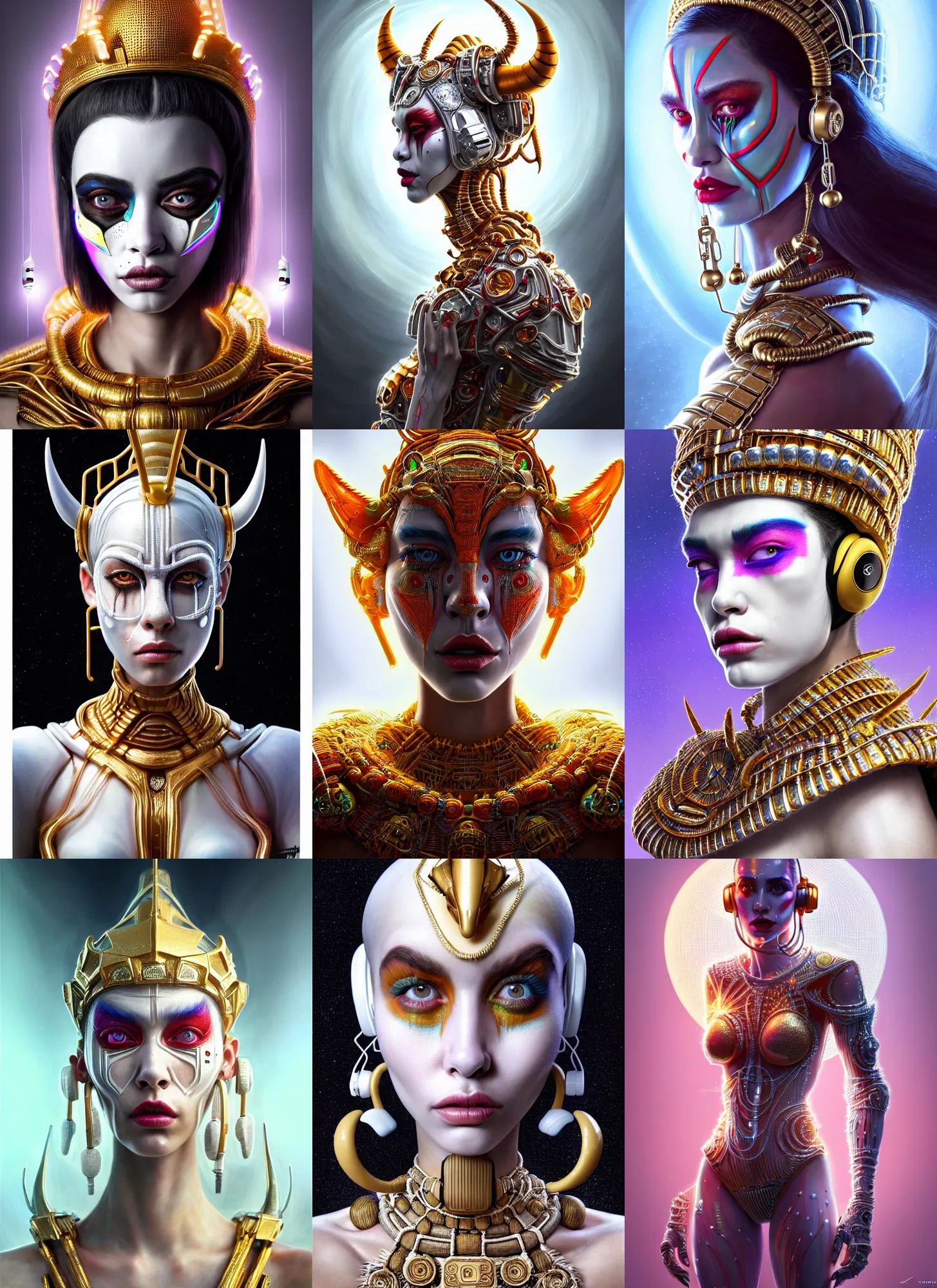 Prompt: bright white polished megastructure clowncore cyborg : : disney weta portrait, soft mayan queen devil madison beer, bling earbuds, hi - fructose, sci - fi fantasy intricate decadent highly - detailed digital painting, golden ratio, octane render, artstation, concept art, smooth, sharp focus, illustration, artgerm, mucha, loish, wlop