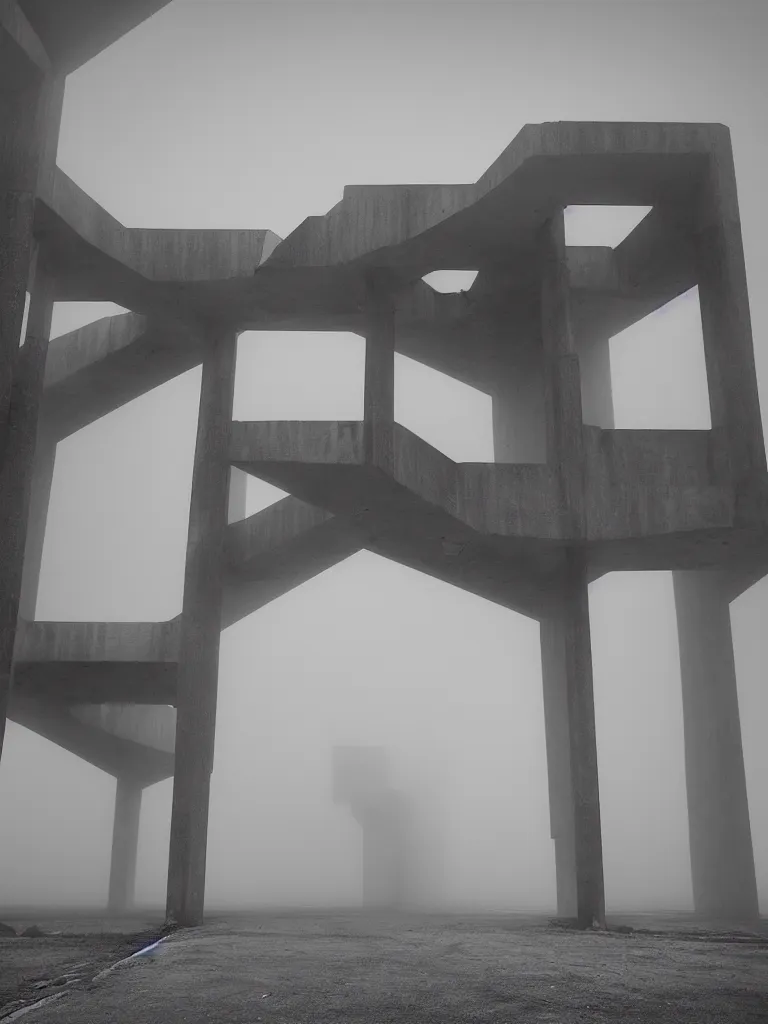 Image similar to High resolution black and white photograph with a 22 mm F/12.0 lens of a Brutalist architectural building in Bulgaria in the 1970s in the middle of a deserted nowhere while foggy and cloudy.