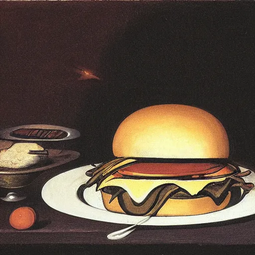 Image similar to saturn devouring a burger by Francisco Goya