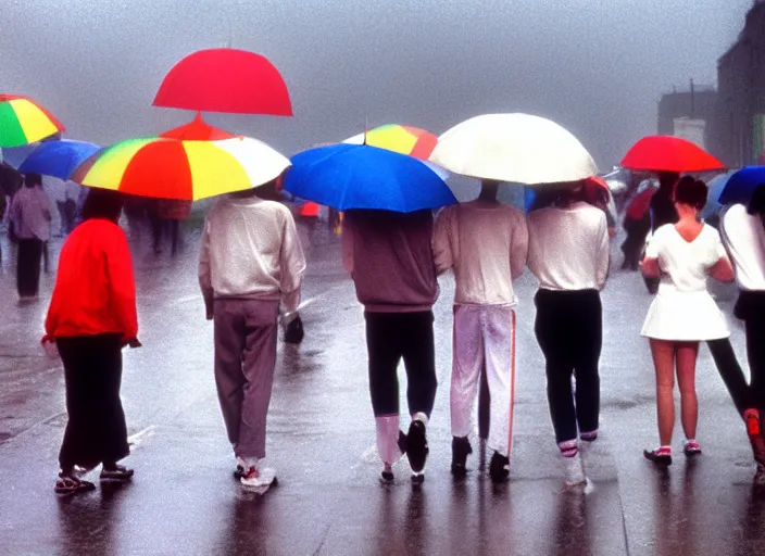 Prompt: realistic photo portrait of a crowd of people wearing white shorts, cone heads, walking on the street, grey sky with rainbow and rain 1 9 9 0, life magazine reportage photo, natural colors