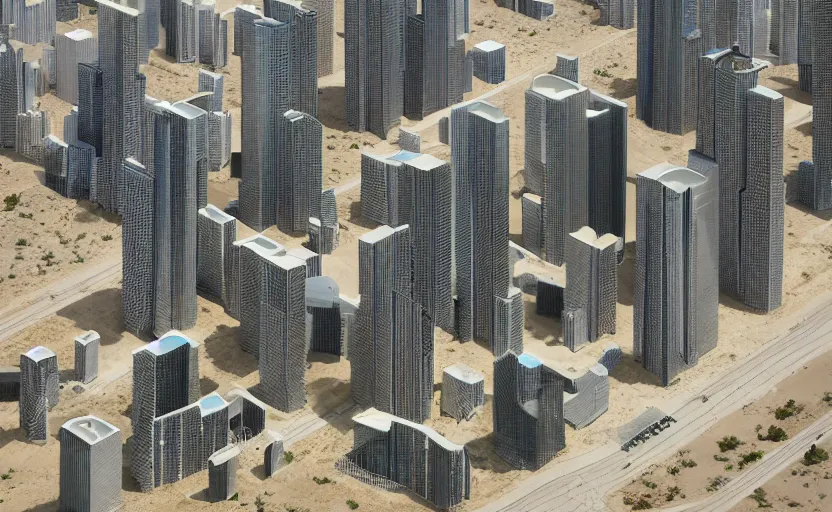 Prompt: parametric structure, 2 residential towers, in the desert beside the gulf, view from above, design by peter zumthor, dezeen, architectural photography