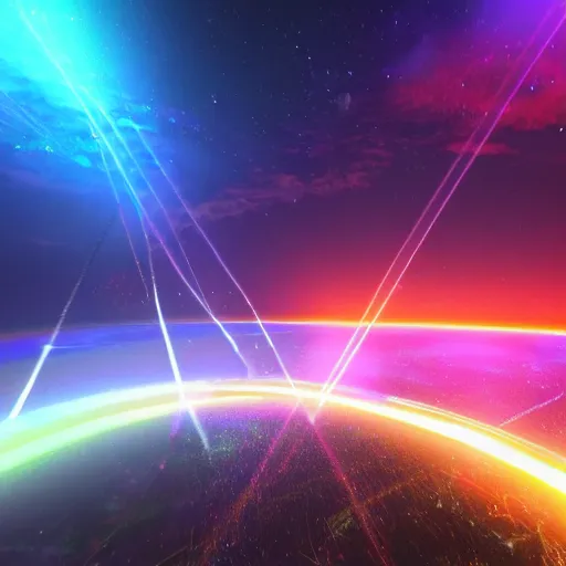 Prompt: rainbow lasers converging into a distant point in space, perspective, hyperrealistic, volumetric lighting, featured on artstation, highly detailed, 8 k