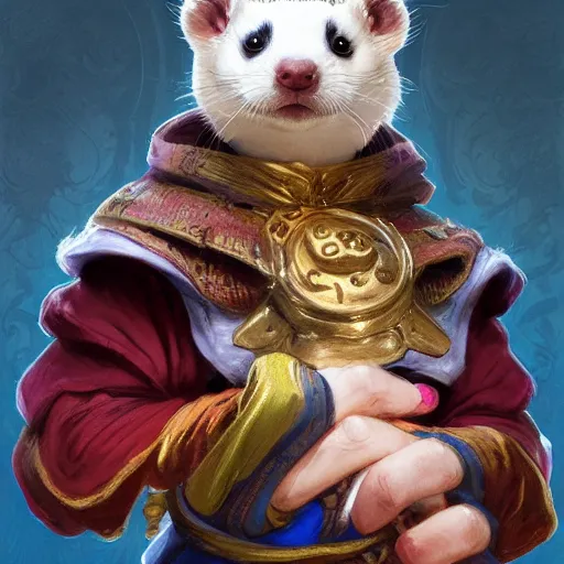 Prompt: a ferret dressed as a jester, d & d, fantasy, intricate, elegant, highly detailed, digital painting, artstation, concept art, matte, sharp focus, illustration, hearthstone, art by artgerm and greg rutkowski and alphonse mucha