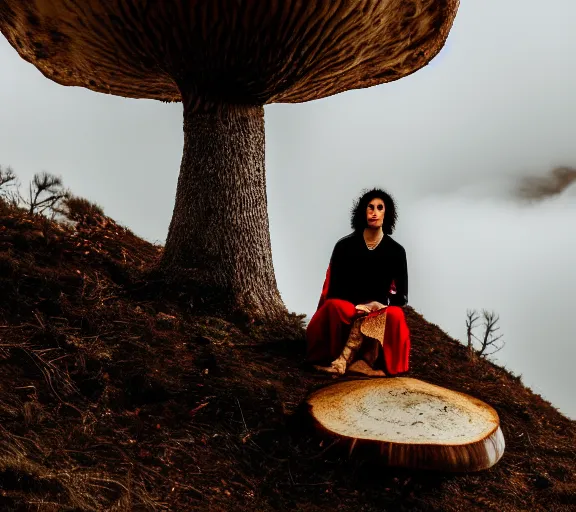 Prompt: a portrait of a female warrior sitting on a giant mushroom that covers a whole town and reaches above the clouds. intricate. lifelike. soft light. sony a 7 r iv 5 5 mm. cinematic post - processing