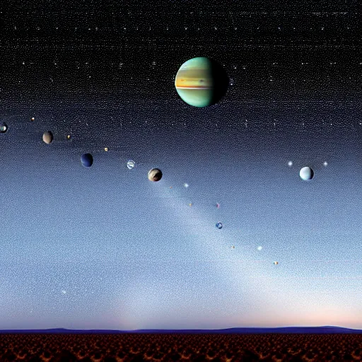 Image similar to a multilunar sky with 7 2 different sizes and separate moons in the skies of an alien planet