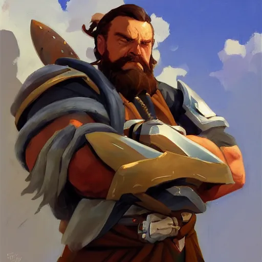 Image similar to greg manchess portrait painting of gimli as overwatch character, medium shot, asymmetrical, profile picture, organic painting, sunny day, matte painting, bold shapes, hard edges, street art, trending on artstation, by huang guangjian and gil elvgren and sachin teng