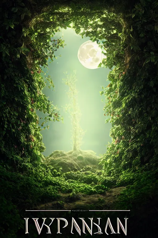 Image similar to book cover example, ivy on the right side and left side, high quality fantasy stock photo, unsplash transparent, forest and moon, intricate detail, elegant, hyper realistic, ultra detailed, octane render, volumetric cinematic lighting, 8 k post - production