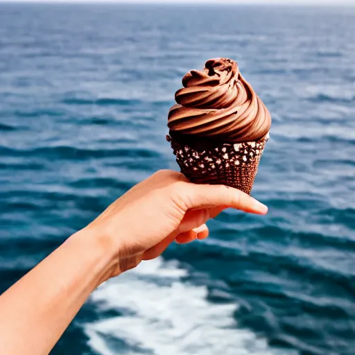 Image similar to a detailed photograph of a levitating chocolate-bacon swirl ice cream cone hovering over the ocean