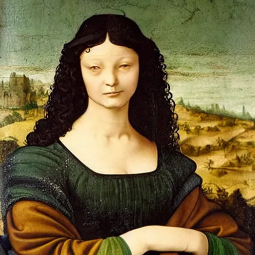 Image similar to young woman from the year 1 5 0 0, seated in front of a landscape background, her black hair is fine curly, she wears a dark green dress pleated in the front with yellow sleeves, puts her right hand on her left hand and smiles slightly, oil painting in style of leonardo da vinci